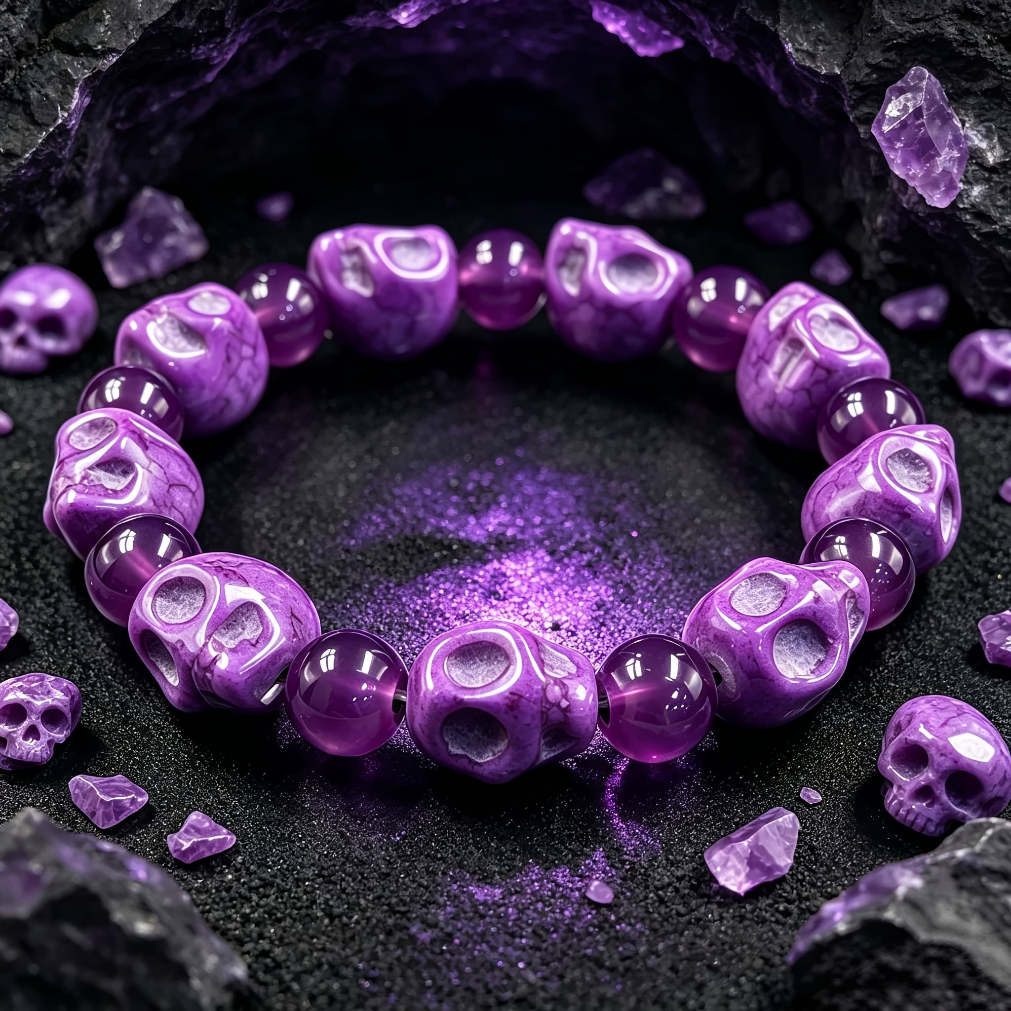 Carved Purple Skull Bracelet with Amethyst Beads